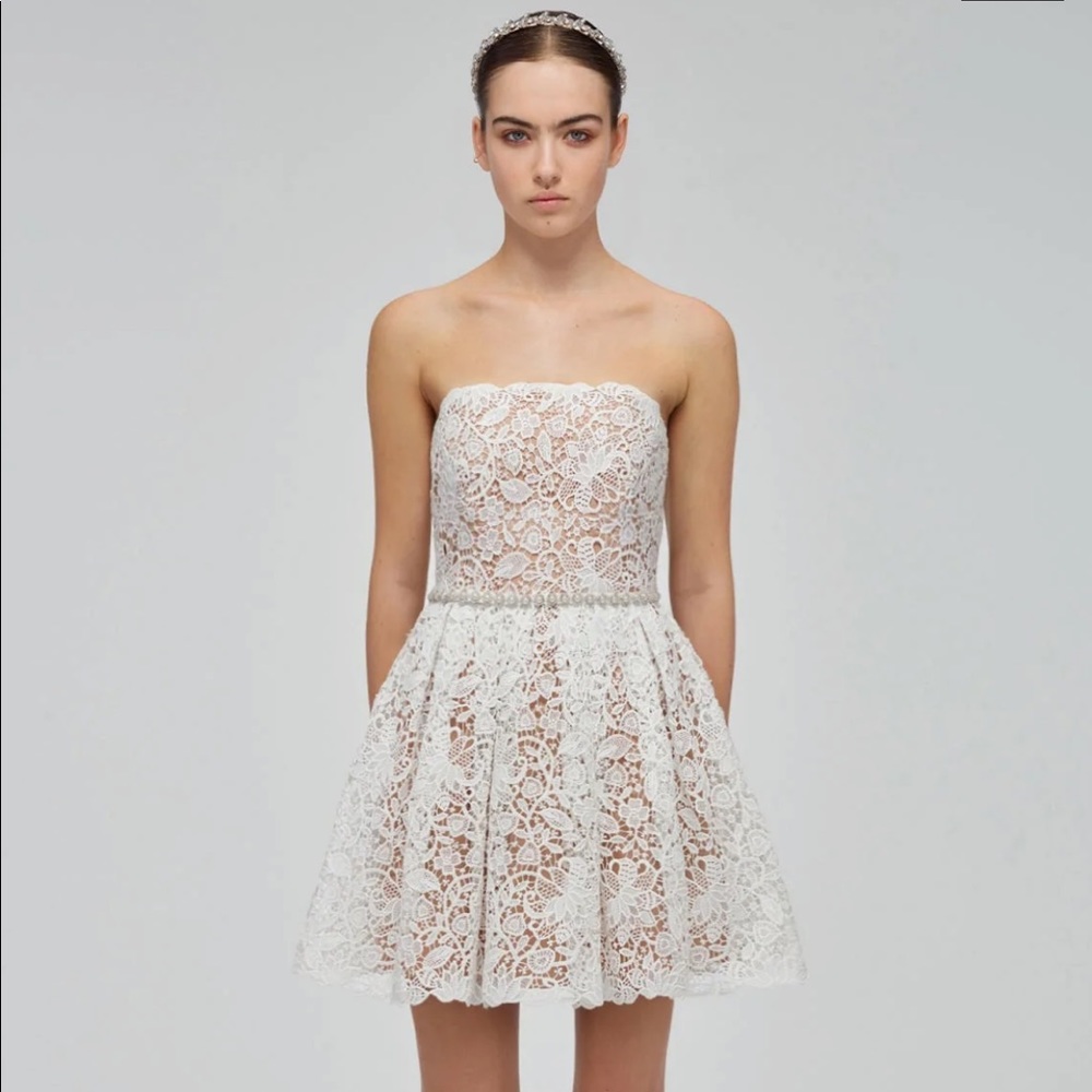 Self-Portrait White Floral Guipure Strapless Mini Dress